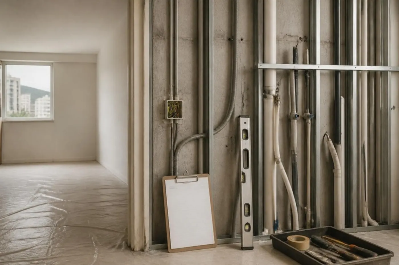 Parede de drywall em obra com instalações aparentes, prancheta e nível