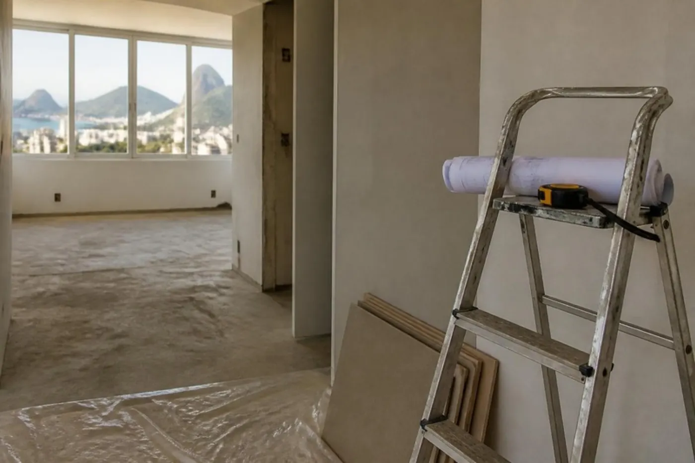 Apartamento em reforma com piso removido, escada e plantas da obra