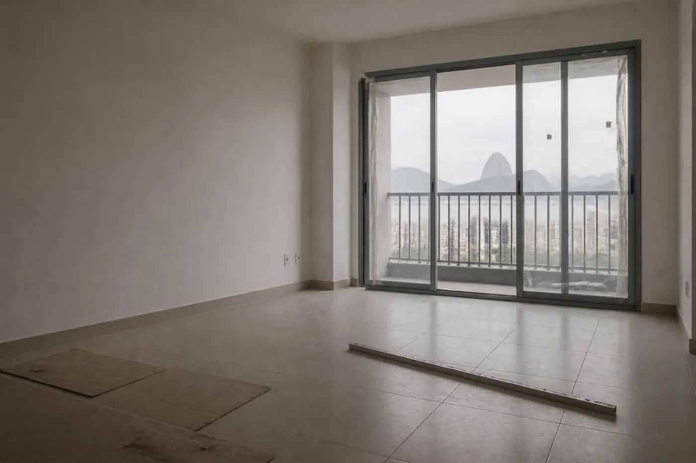 Sala de apartamento novo vazio com porta de varanda e régua de alumínio no piso